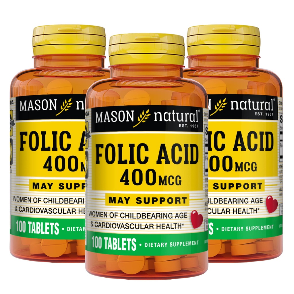 Mason Acide folique naturel 400 mcg, Supplément quotidien pour la santé, l'humeur et les soins prénatals, pour les femmes en âge de procréer, 100 comprimés (paquet de 3)