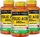 Mason Acide folique naturel 400 mcg, Supplément quotidien pour la santé, l'humeur et les soins prénatals, pour les femmes en âge de procréer, 100 comprimés (paquet de 3)