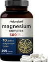 Magnésium Complex 500mg, 300 Capsules de 10-en-1 Magnésium Glycinate, Citrate, Malate et plus.