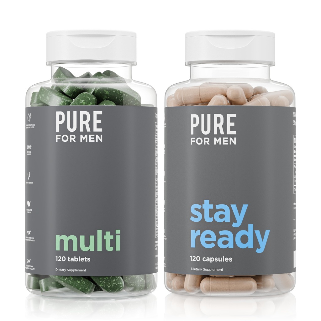 Pure pour hommes Original Rester prêt Fiber Supplément (120 Capsules) + Vegan Multivitamin (120 Capsules)