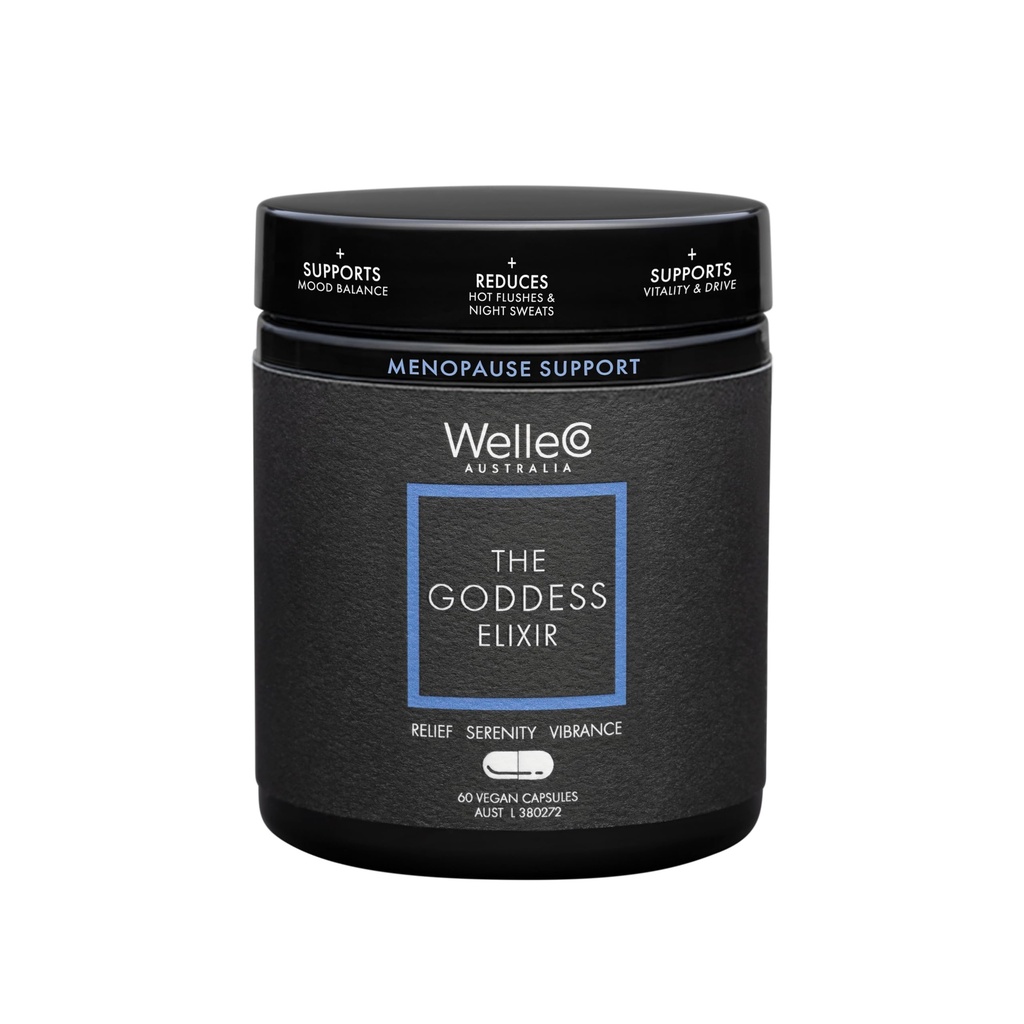 WelleCo The Goddess Elixir, complément de ménopause pour les femmes avec vitex, trèfle rouge et vitamines B, soutient l'équilibre hormonal, la sueur nocturne et les flashs chauds, 60 capsules