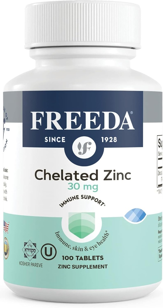 Freeda Chélaté Zinc 30mg – TRAACS® Bisglycinate de zinc pour haute absorption – Végétalien, Kosher, doux sur l'estomac – Soutien immunitaire pour les adultes, les hommes et les femmes – 100 comprimés minuscules