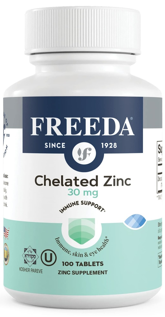 Freeda Chélaté Zinc 30mg – TRAACS® Bisglycinate de zinc pour haute absorption – Végétalien, Kosher, doux sur l'estomac – Soutien immunitaire pour les adultes, les hommes et les femmes – 100 comprimés minuscules