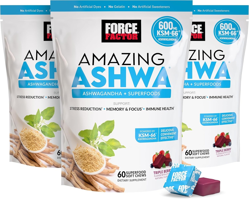 FACTEUR DE FORCE Amazing Ashwa for Stress Relief, Memory, Focus, and Immune Support Health, Ashwaganda Supplément avec KSM-66 Ashwagandha for Stress, 180 Soft Chews