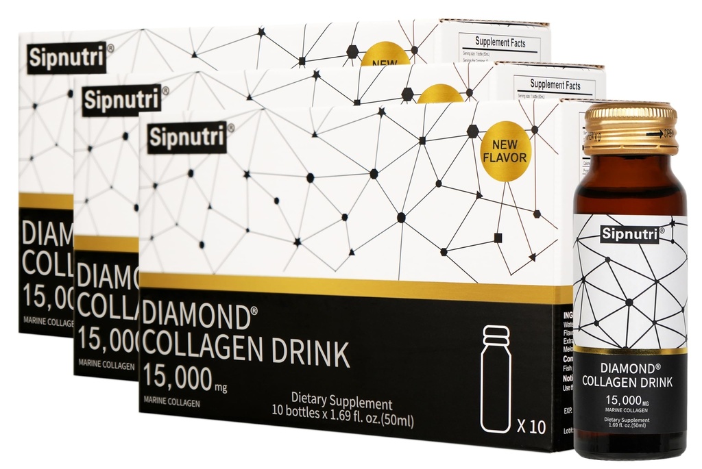 Boissons de collagène liquide diamant, 15000 mg de peptides de collagène marin hydrolysés avec vitamine C, grenade, ongles de peau sains des cheveux Bones support, 50 ml x 10 bouteilles (3 boîtes)