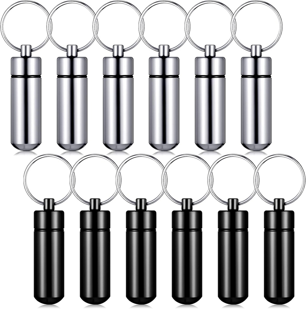 Patelai 12 Pcs Porte-clés Portable Pill Holder Mini Pocket Pill Case for Men Femmes Aluminium Geocache Containers Waterproof Metal Medicine Organizer for Outdoor Camping Travel (Noir et Argent)