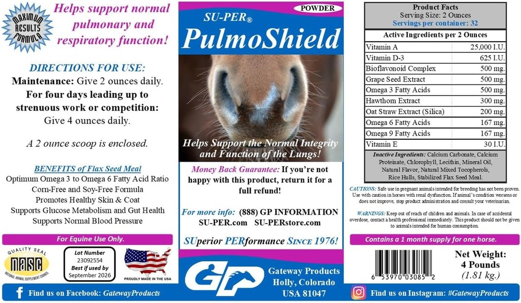 SUPER PulmoShield Horse Respirative Supplement - Soutienne la saine fonction pulmonaire chez les chevaux - Soutien pulmonaire et respiratoire normal - Vitamines et minéraux du cheval - 4 livres, (2 paquets)