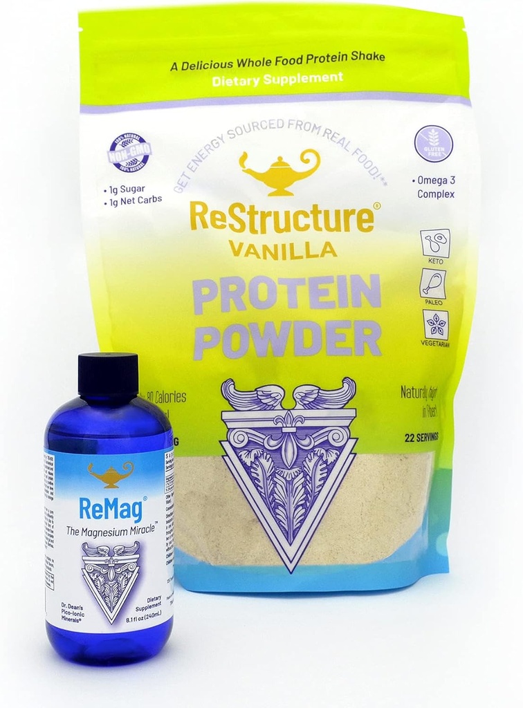 RnA ReSet Performance Bundle – ReMag Liquide Magnésium 8.1oz & ReStructure Vanilla Whey Protein 594g, Récupération musculaire et soutien de fitness (2 formules)