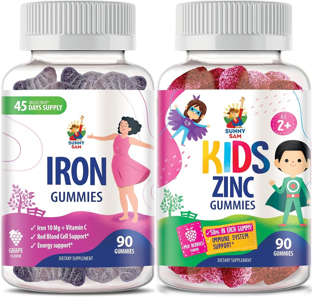 SUNNY SAM Gommies de zinc pour enfants et Gommies de fer pour adultes, Vitamines de fer avec vitamine C