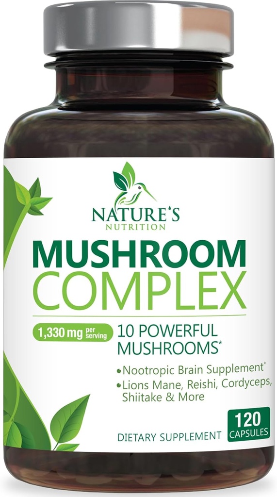 Complément de Champignons Cerveau 1330 mg - 10 en 1 Complexe de Champignons à haute résistance avec Lions Mane, Turkey Tail, Reishi, Cordyceps, Chaga & Cerveau Complexe Nootropique pour Support Mémoire et Focus - 120 Capsules