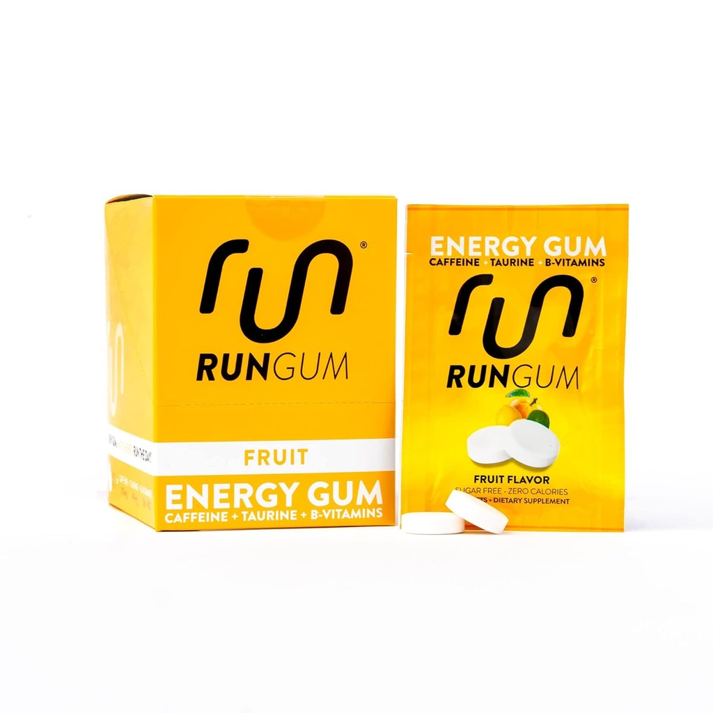 RUN GUM Énergie Fruit Gum 50mg Caféine Taurine et B-Vitamines par pièce, 24 pièces (paquet de 12) sans sucre, zéro calories, sans aspartame et sans gluten