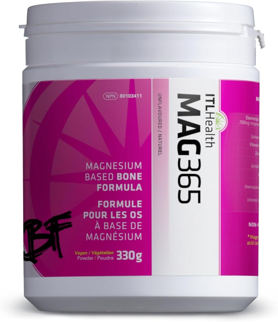 MAG365 ITL Health BF Bone Support, Citrate de magnésium ionique, Zinc, Vitamine C, Vitamine B6, Vitamine D3, Vitamine K2, Boron, Potassium, Naturel, Poudre, 1 Pack, 330grams