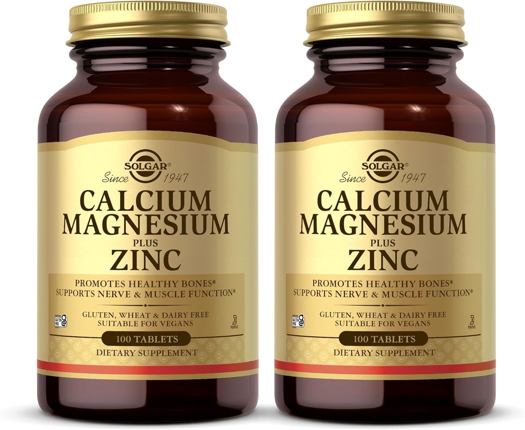 Solgar Calcium Magnésium Plus Zinc, 100 comprimés (paquet de 2) - Promotion des os et des dents sains - Soutienne la fonction nerveuse et musculaire - Non-OGM, végétalien, sans gluten, sans laiterie, sans casher - 66 portions totales