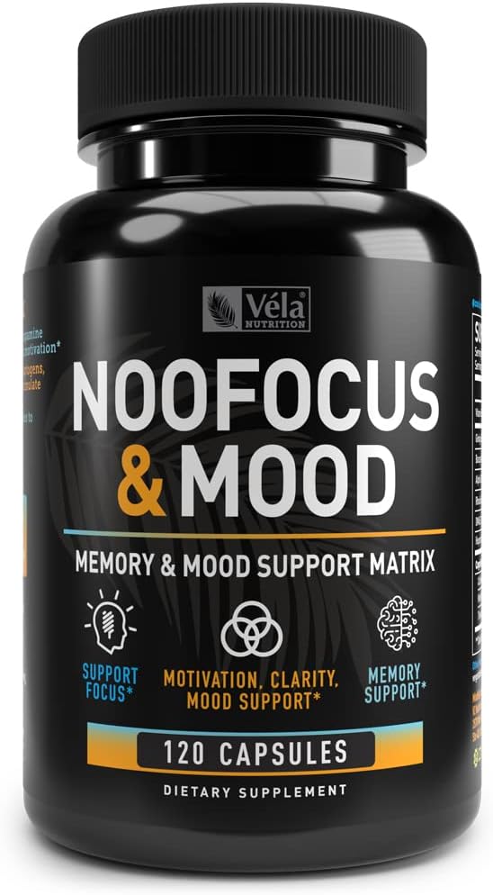 Nootropic - NooFocus & Mood Support Matrix: Mémoire & Focus Supplément pour le cerveau avec Rhodiola, Vitamine B12, Alpha GPC, Huperzine A, DMAE: Focus, Memory, Energy & Mood Support: 120 CT