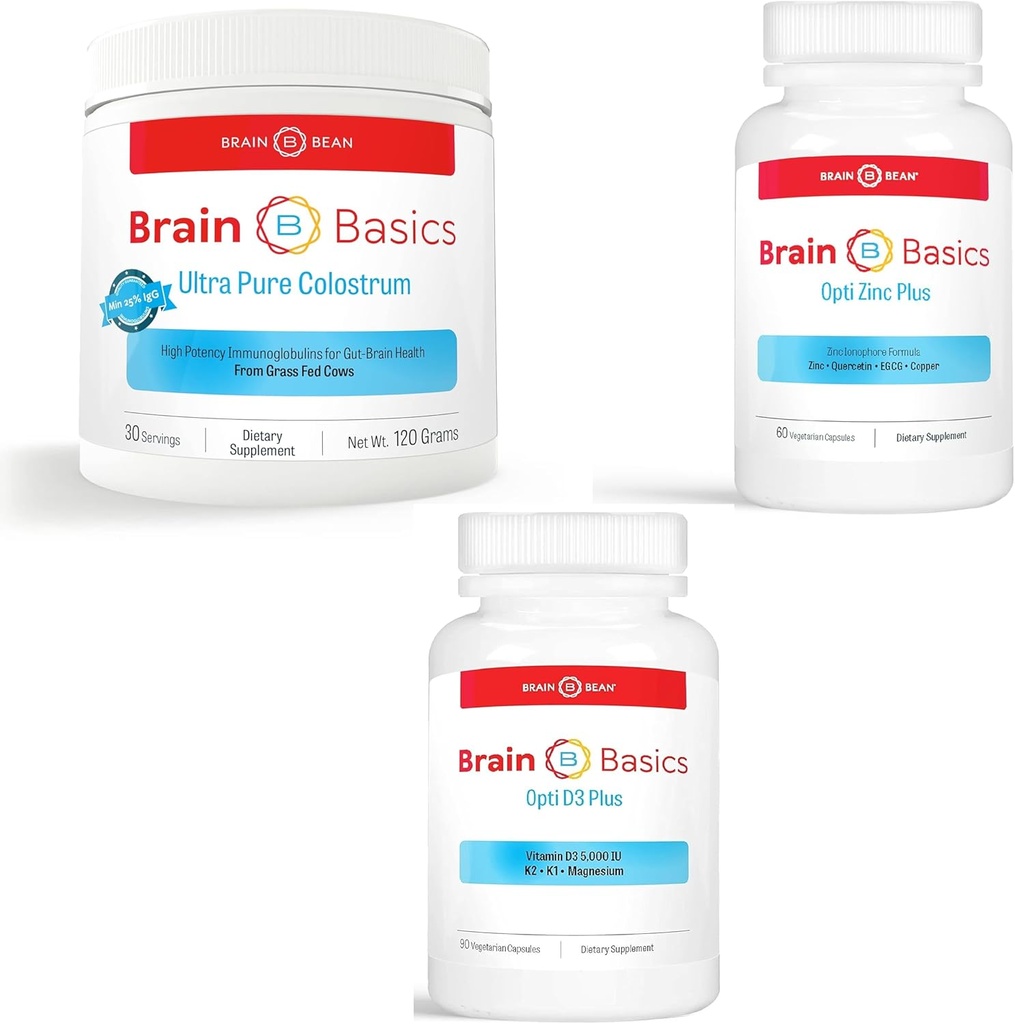 Brain Basics Total Immunity Bundle: Ultra-Pure Colostrum, Opti Zinc Plus, & Opti D3 Plus suppléments – Soutien nutritionnel pour le cerveau, le système immunitaire et la santé Gut