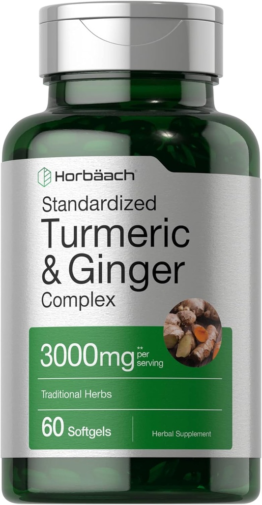 Horbäach Supplément curcuma et gingembre 3000 mg 60 Capsules Softgel Complexe curcumin curcumin curcumin curcumin curcumin curcuma avec extrait de poivre noir