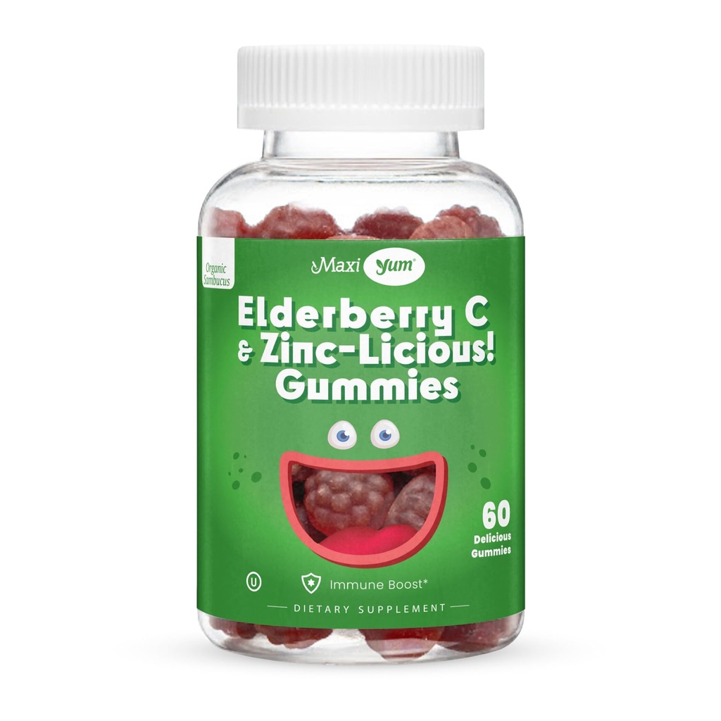 Elderberry Zinc Gummies - Organic Sambucus Elderberry Gummies with Zinc and Vitamin C - Vegan Immune Support for Adults and Kids - Chewable Elderberries Supplements for Immunity Boost - 60 Gummies