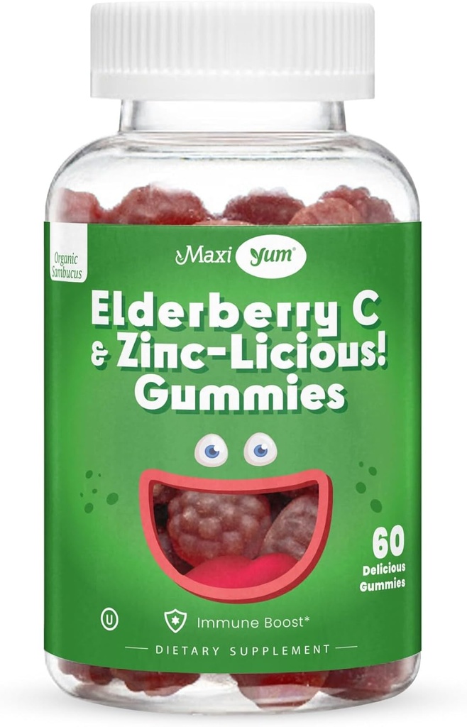 Gommies de zinc de la mûre aînée - Gommies de mûre aînée de Sambucus biologique avec du zinc et de la vitamine C - Soutien immunitaire végétalien pour les adultes et les enfants - Suppléments de mûre aînée à croquer pour stimuler l'immunité - 60 Gommies