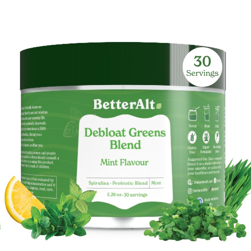 Better Alt Greens Poudre, Detox & Debloat avec 15 Super Greens Mélange de Spiruline, Moringa Poudre, Blé, Pré & Probiotiques, emballé avec des antioxydants, Mint Flavor, Pas de Maltodextrine, 30 portions