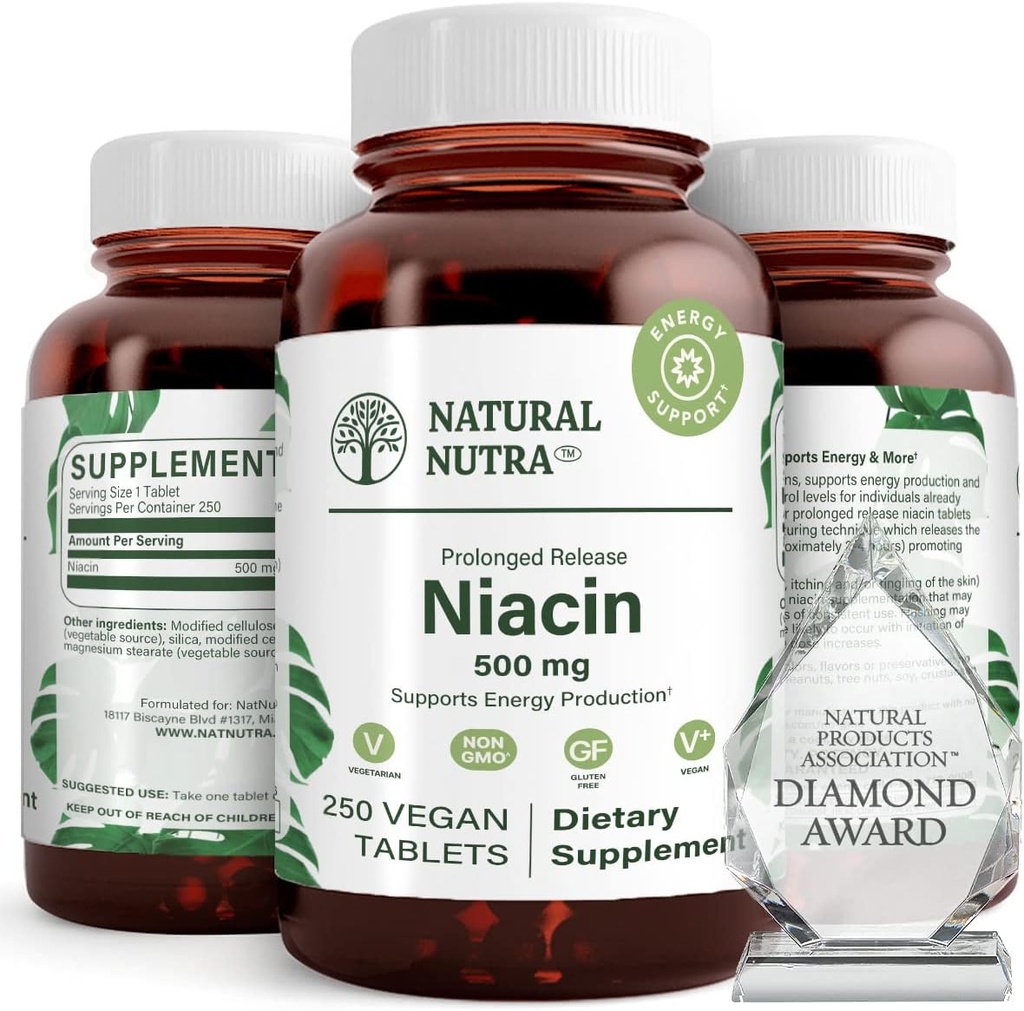 Niacin 500mg (Vitamine B3), soutien au cholestérol sain, promotion de la santé cardiovasculaire, promotion des cellules cutanées et amélioration de la fonction cognitive, 250 comprimés végétaliens