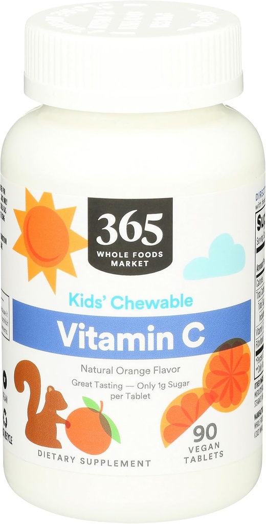 365 par Marché des aliments entiers, Vitamine C à croquer pour les enfants, Saveur d'orange naturelle, Vegan, 90 comte