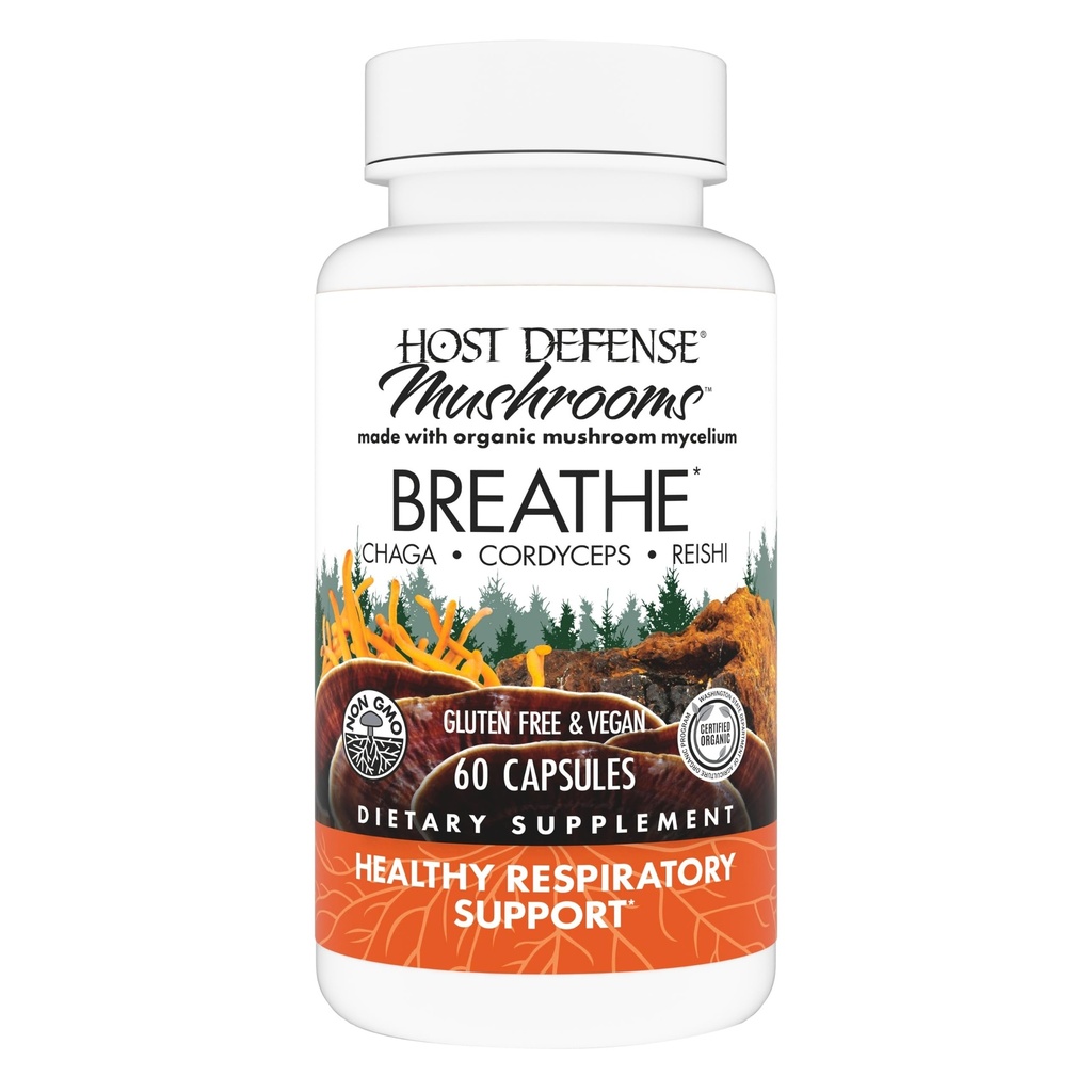 Host Defense Breathe* Capsules - Supplément de champignons immunitaires et respiratoires - Supplément de santé pulmonaire à base de plantes avec Chaga, Reishi & Cordyceps - 60 Capsules (30 portions)*