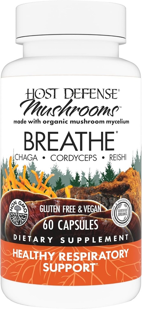 Host Defense Breathe* Capsules - Supplément de champignons immunitaires et respiratoires - Supplément de santé pulmonaire à base de plantes avec Chaga, Reishi & Cordyceps - 60 Capsules (30 portions)*