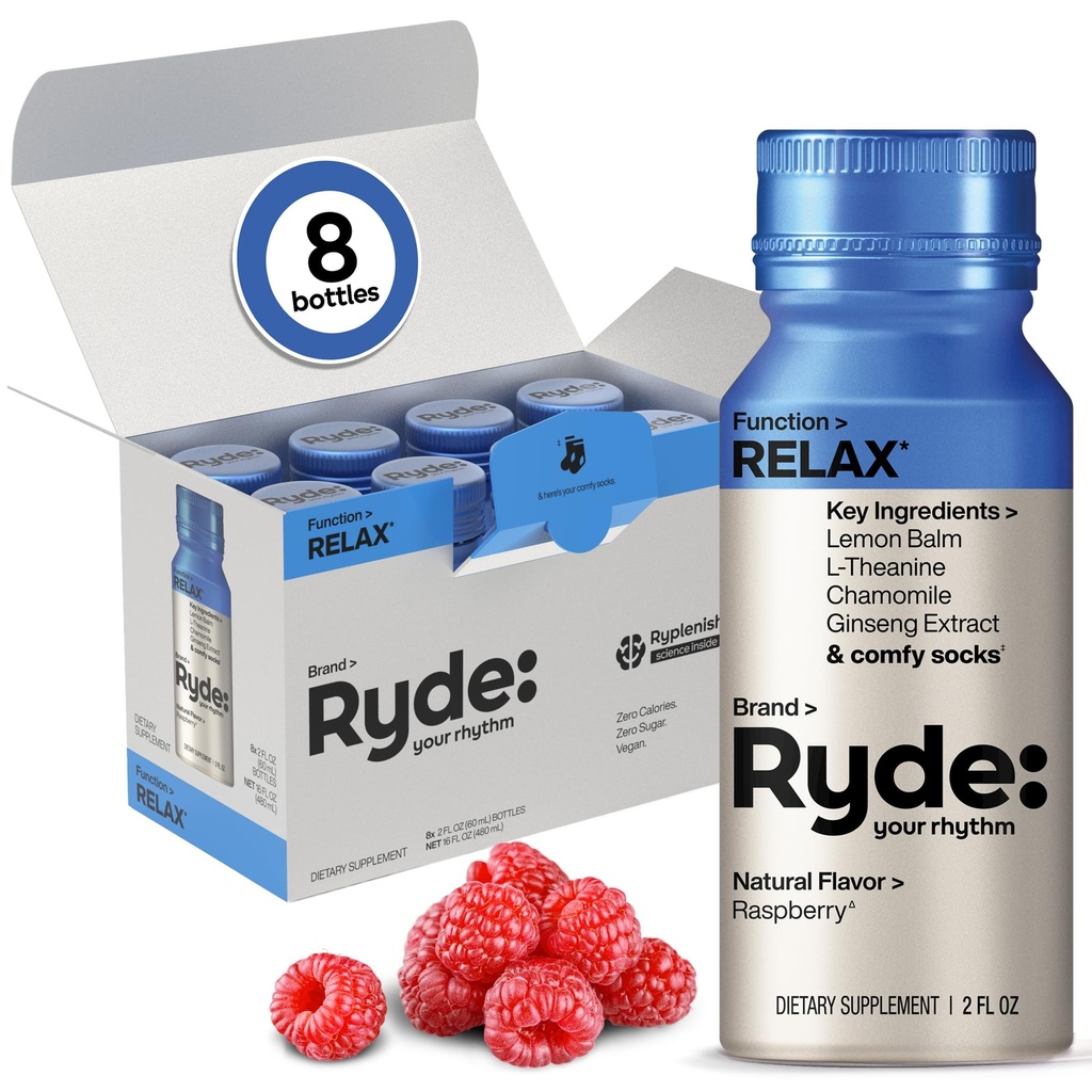 Ryde: Relax Shot , Flacon framboise , Baume de citron , L-Theanine , Ginseng & Camomille , 0 Calories , 0 Sucre , 2 FL OZ Shots , vous aide à vous détendre* (8 Pack)