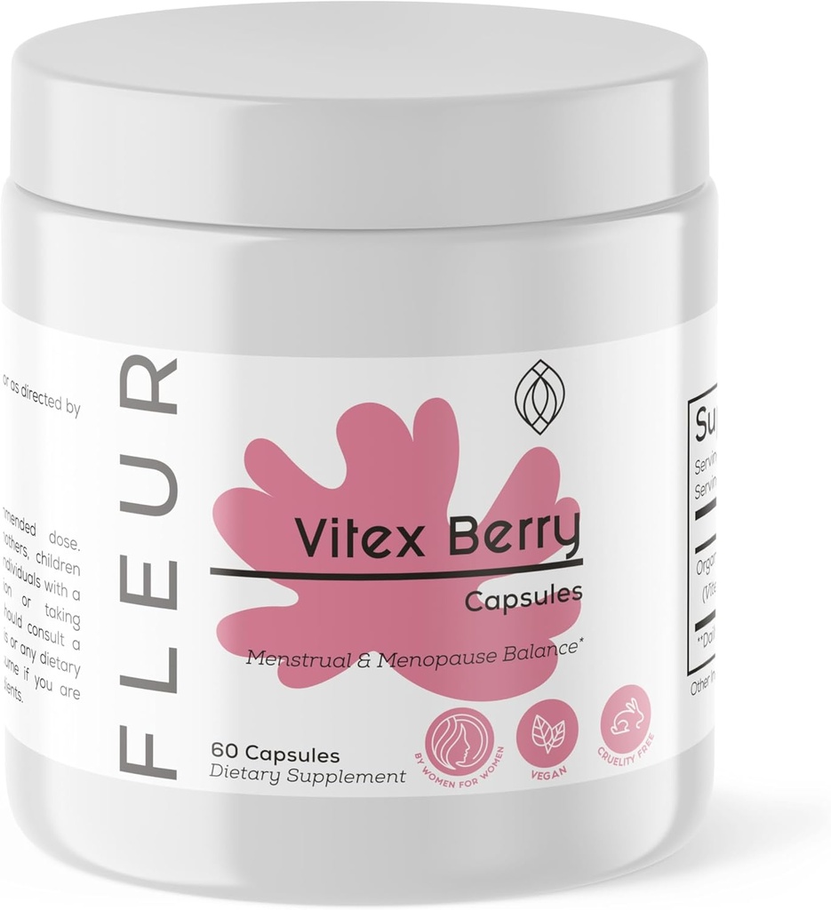 FLEUR Capsules Vitex, Vitex Chasteberry pour l'équilibre hormonal pour les femmes, Supplément PCOS aide à maintenir le niveau de progestérone pour le soutien du cycle menstruel, la fertilité et le support PMS, 500mg, 60Ct