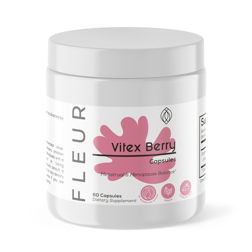 FLEUR Capsules Vitex, Vitex Chasteberry pour l'équilibre hormonal pour les femmes, Supplément PCOS aide à maintenir le niveau de progestérone pour le soutien du cycle menstruel, la fertilité et le support PMS, 500mg, 60Ct