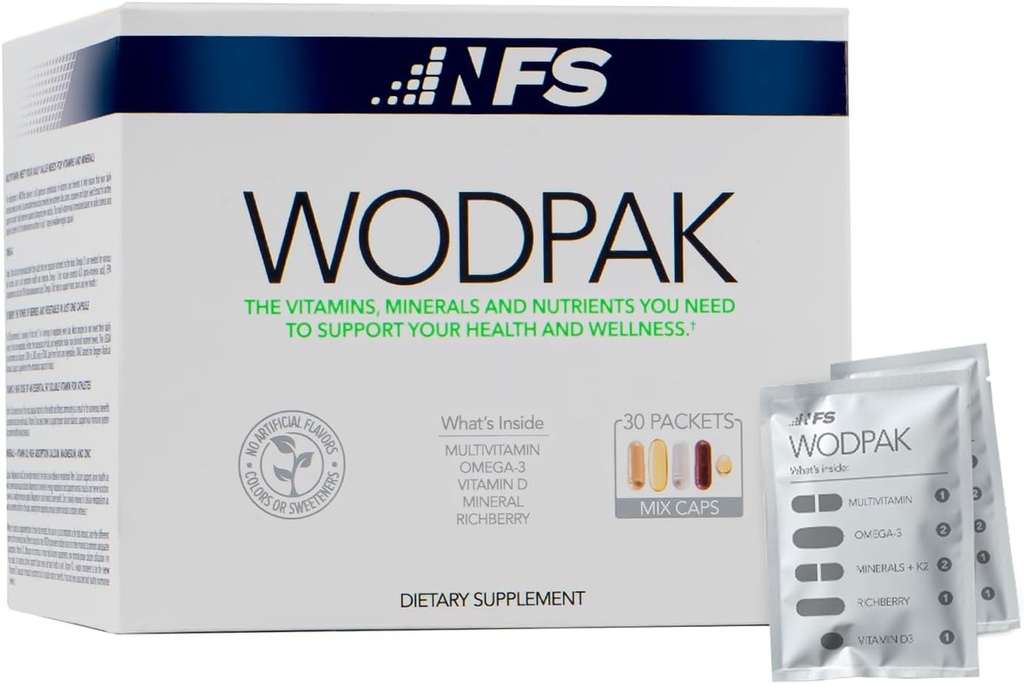 NF Sports WodPak lot complet quotidien de vitamines multivitamines pour les hommes et les femmes, multivitamines aromatisées au gaz doux avec vitamine D, vitamine D3, zinc, oméga 3, 30 portions (paquet de 1)
