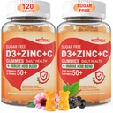 Vitamine C sans sucre + D3 + Gommies de zinc pour adultes 50 +, 9 en 1 Supplément de défense immunitaire avec D3 5000IU, Elderberry, Echinacea, Mullein Leaf pour l'immunité boost, Antioxydant puissant, végétalien (paquet de 2)