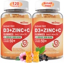 Vitamine C sans sucre + D3 + Gommies de zinc pour adultes 50 +, 9 en 1 Supplément de défense immunitaire avec D3 5000IU, Elderberry, Echinacea, Mullein Leaf pour l'immunité boost, Antioxydant puissant, végétalien (paquet de 2)