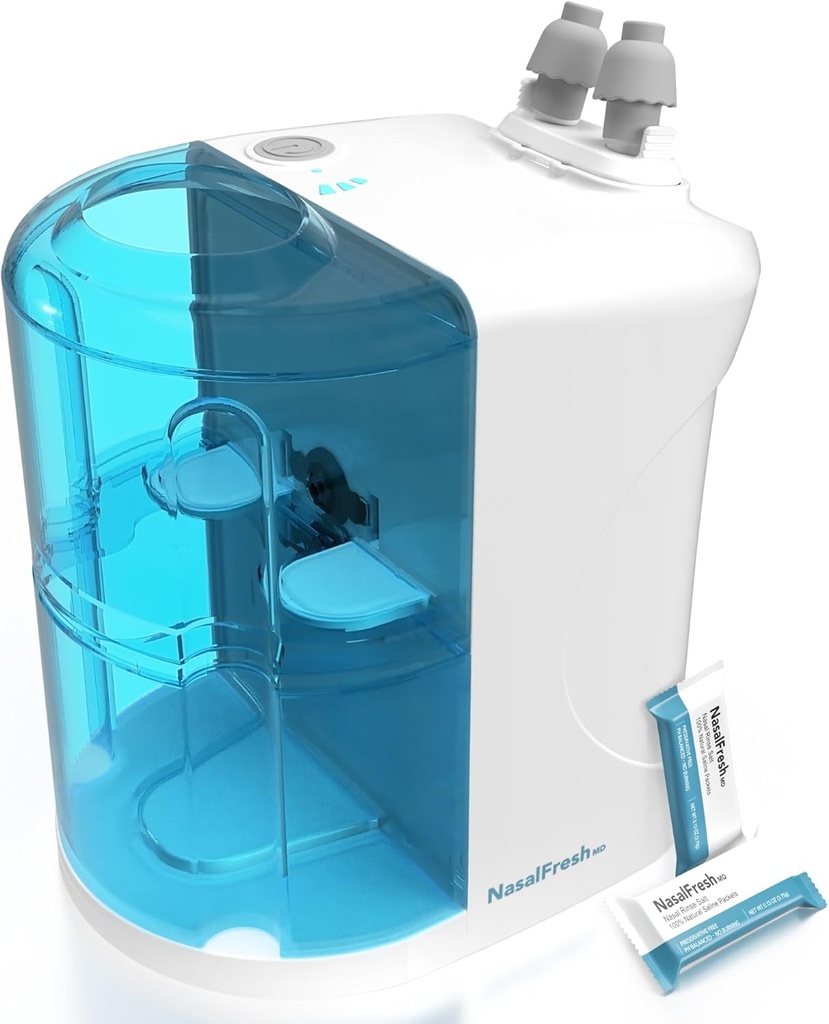 NASALFRESH MD - Dual Powered Nasal Irrigation System Nasal Rinse and Wash - Sinus Decongestant Relief System w/ 30 Saline Packets - Rechargeable - 1 Set of Nose Pillows - Snoring Remedy
