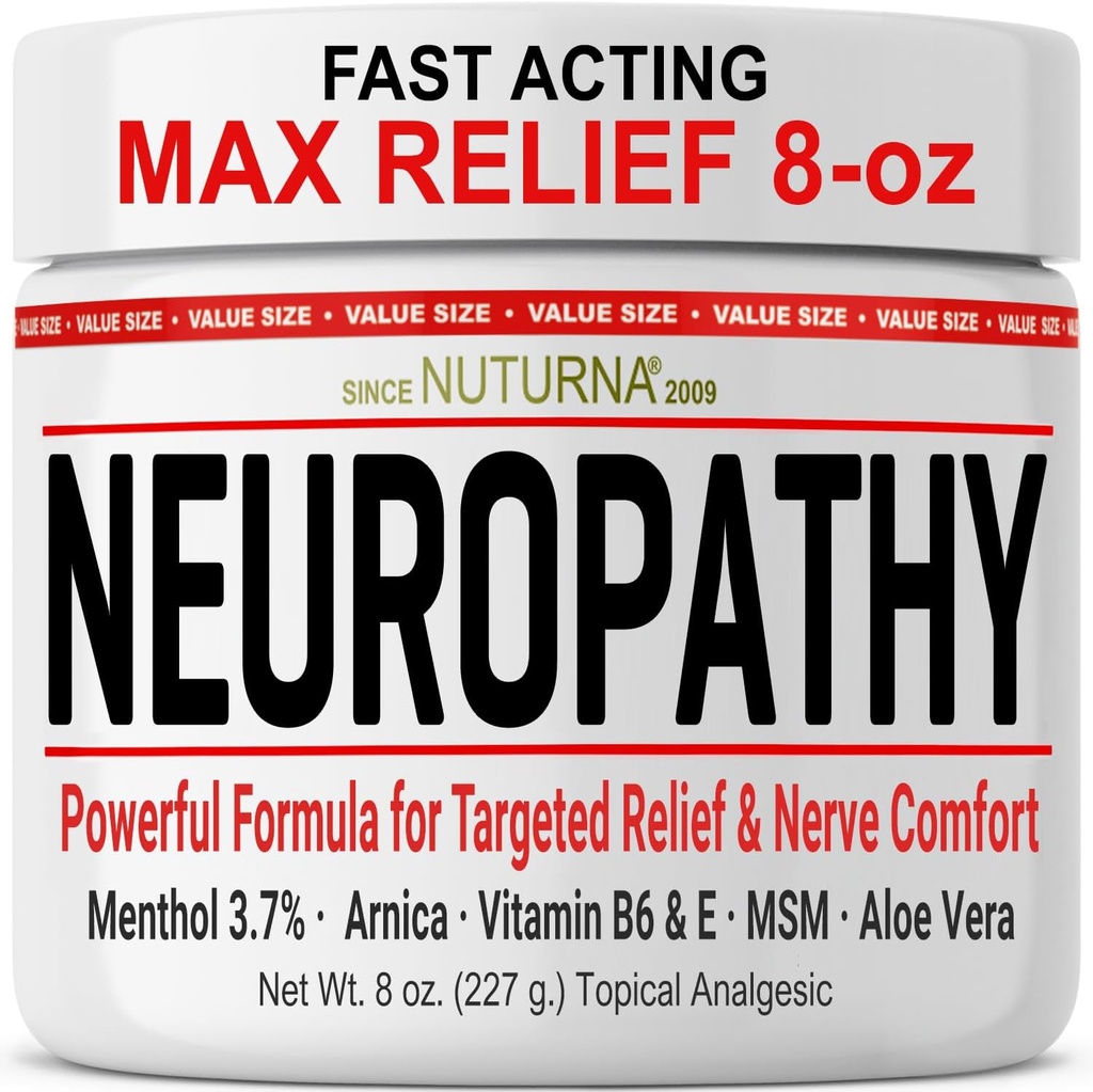 Neuropathie Nerve Relief Cream - Fast Acting Max Relief pour les pieds Jambes orteils dos - Ultra Strength Menthol Arnica Aloe Vera MSM, Apaisant naturel Nerve Comfort Relief, Super Large 8 oz