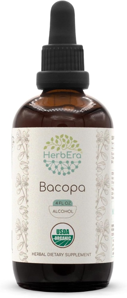 HerbEra Bacopa A120 USDA Teinture biologique (extrait d'alcool, gouttes d'herbes à haute puissance, relaxation, effet cognitif positif) Bacopa biologique certifié (Bacopa Monnieri) Herb séchée (4 fl oz)