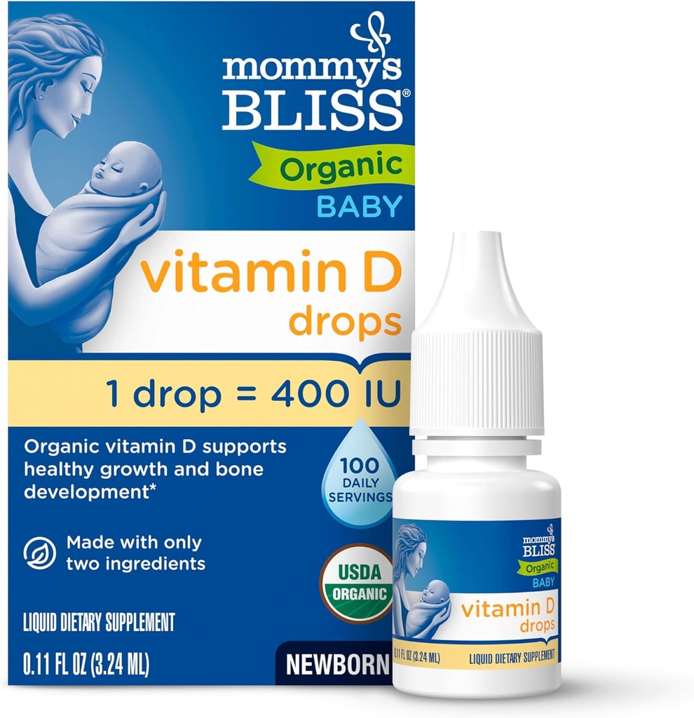 Mommy's Bliss Bio Vitamine D gouttes - Bébés et nouveau-nés - Soutient la croissance et le développement des os - Utilisation facile - 400 UI par goutte - 100 portions quotidiennes