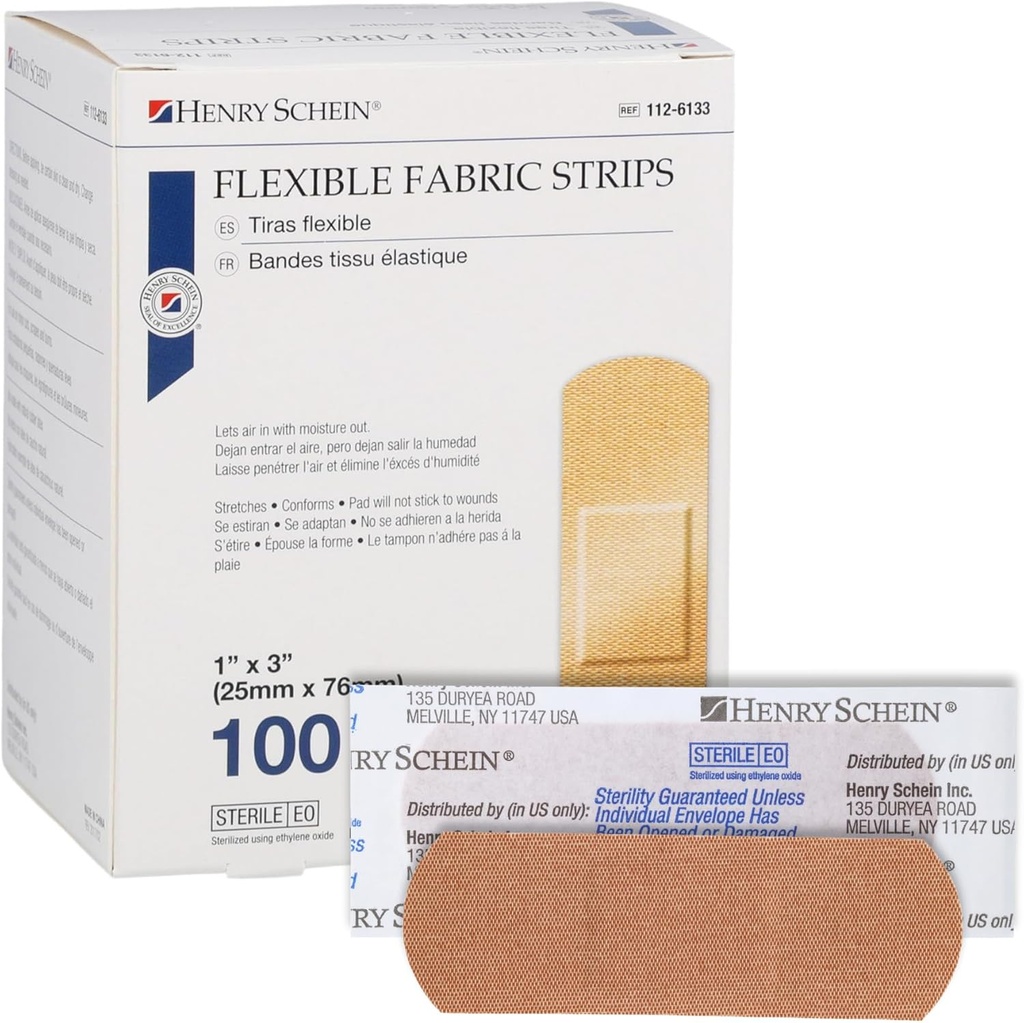 Bandes adhésives en tissu stérile Henry Schein, 1" x 3" – Boîte de 100 bandes souples et respirantes – Couvertures de plaies souples et extensibles pour premiers soins, usage médical, cliniques et trousses d'urgence