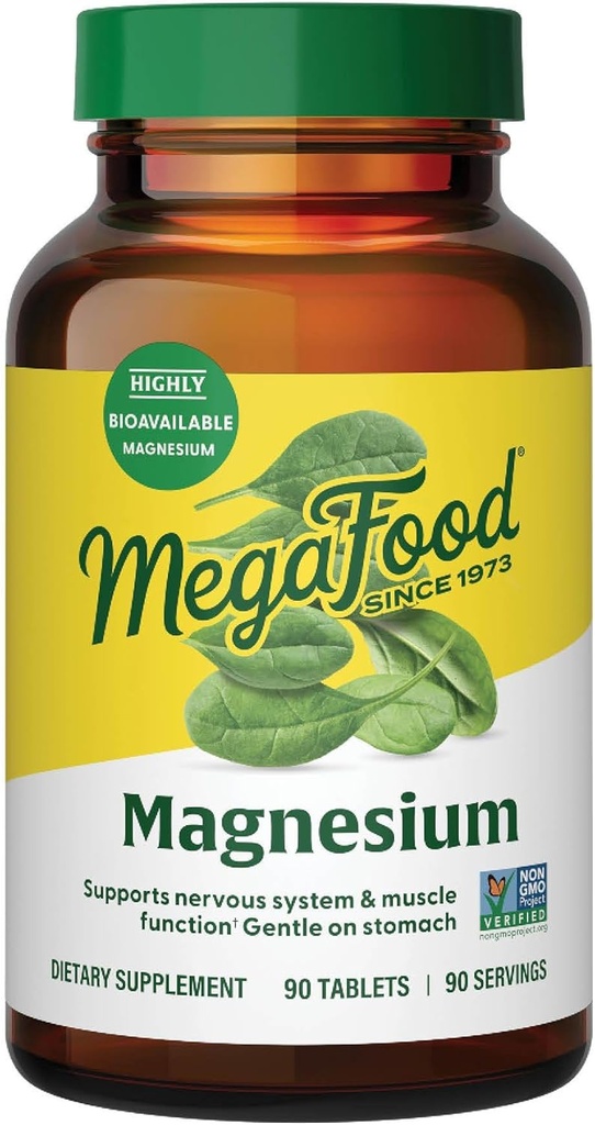 Magnésium MegaFood - Soutiens coeur et système nerveux - Supplément Magnésium avec glycinate de magnésium fermenté - Vegan, sans gluten, non-OGM et Kosher - Fabriqué sans 9 allergènes alimentaires - 90 onglets
