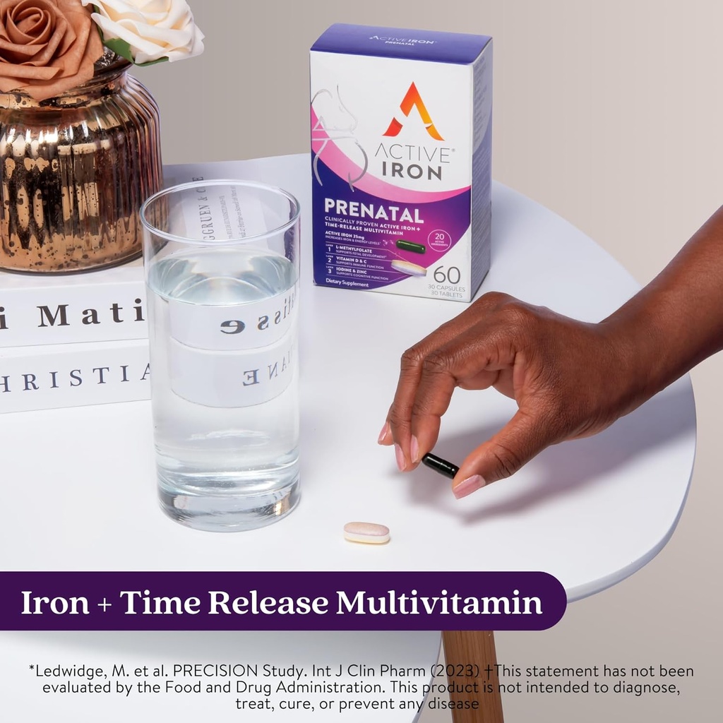 Fer actif Prénatal, supplément de fer + vitamines prénatales pour les femmes, 30 capsules non constipantes + 30 multivitamines à libération prolongée, grossesse, allaitement et essentiels postpartum