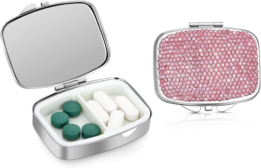 Soleebee Bling Crystal Pill Box, Portable 2 Compartments Daily Pill Organizer, Small Travel Pill Case for Purse or Pocket, Medicine Vitamin Pill Container Organizer (Pink)