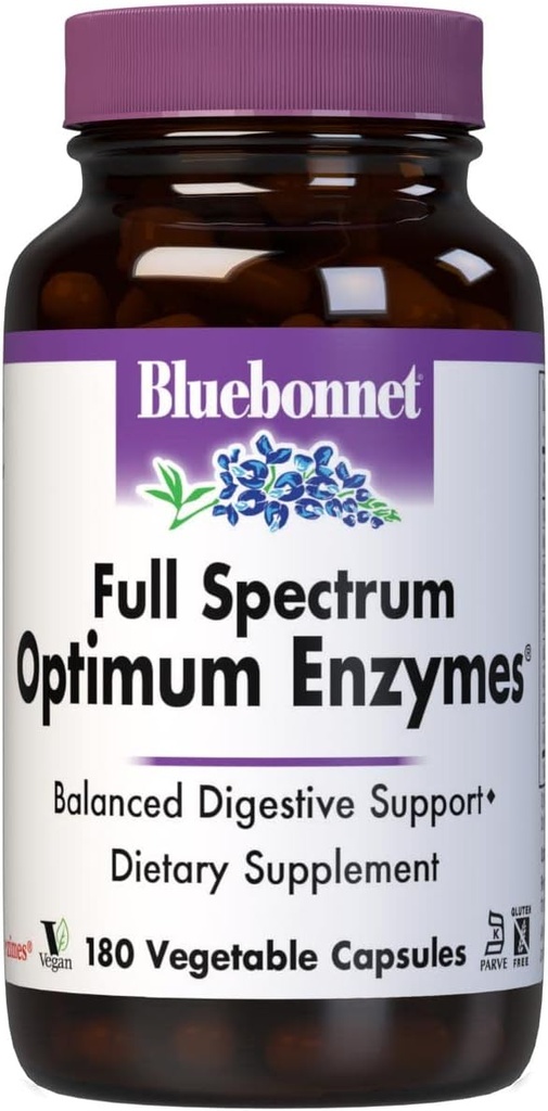 BlueBonnet Enzymes digestives Optimum Full Spectrum - 9 enzymes protéolytiques à base végétale - Papaya, Bromelain, Amylase Gut Santé pour les femmes et les hommes - Vegan & sans gluten - 180 capsules végétales