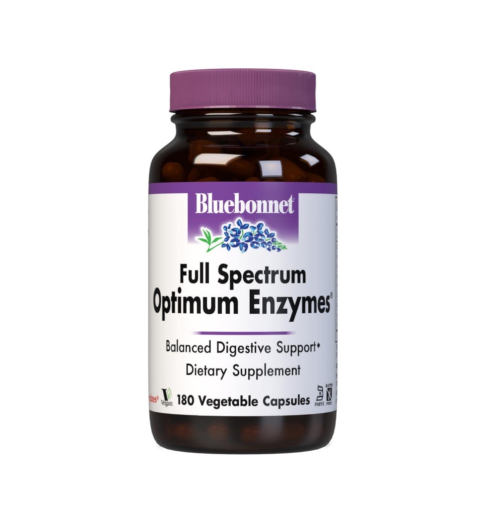 BlueBonnet Spectrum Optimum Enzymes digestifs - 9 enzymes protéolytiques à base végétale - Papaya, Bromelain, Amylase Gut Santé pour les femmes et les hommes - Vegan & sans gluten - 180 capsules végétales