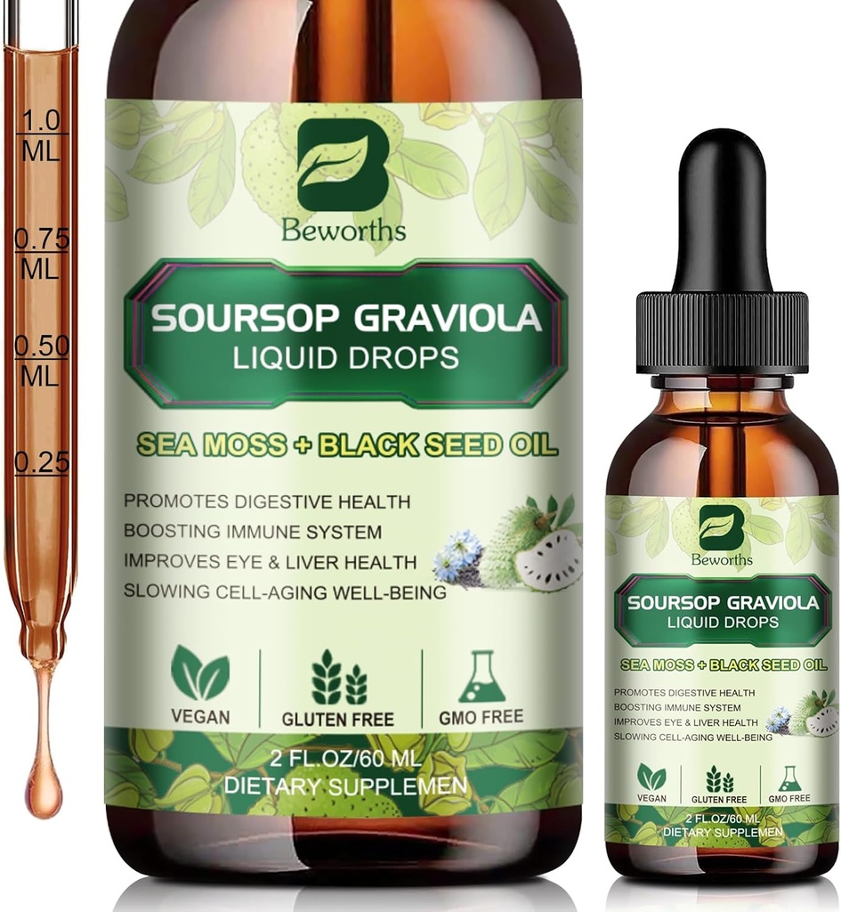 Susop Bitters gouttes liquides, Sousop Graviola Extrait de feuilles gouttes multivitamines avec supplément d'huile de graines noires de mousse de mer - soutient l'antioxydant, le ralentissement de l'âge cellulaire, Gut Cleanse, Detox & Immunity Health