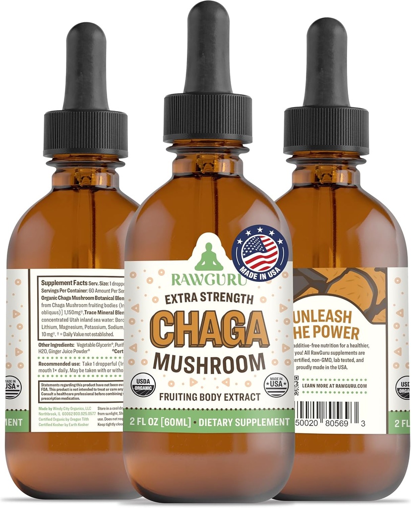Supplément de champignons RawGuru Chaga - Extrait de champignons végétaliens Chaga avec minéraux traces - Boost d'immunité nanoprocessé et supplément cognitif Teinture - 60 portions de gouttes de champignons végétaliens par 60 ml, boîte de 1