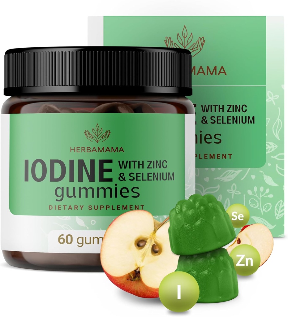 HERBAMAMA Iodine Gummies - Potassium Iodine, Zinc & Selenium for Immune Defense & Brain Support - Vegan, Non-GMO Immune Support Supplement - 60 Pectin-Based Apple-Flavored Chews