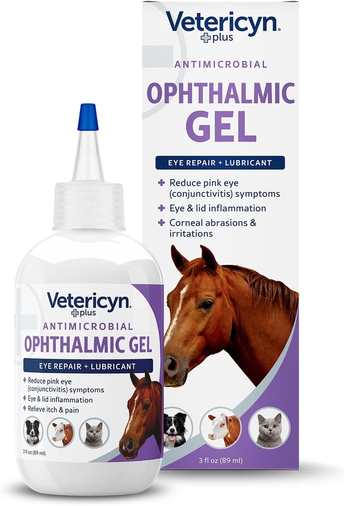 Vetericyn Plus Gel Ophtalmique pour Chevaux.Onguent Ophtalmique Alternative au Lubrifiant et aux Irritations Ophtalmiques pour Chevaux, sans danger pour tous les animaux. 3 onces