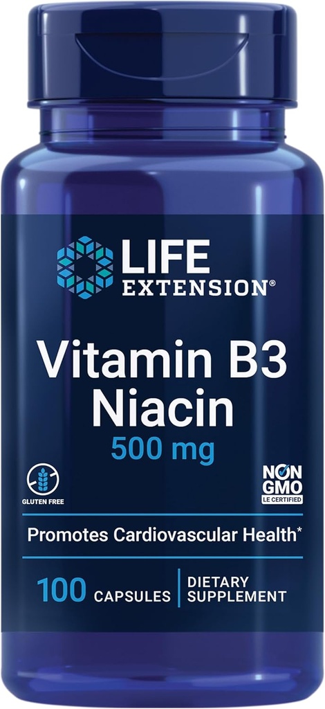 Extension de vie vitamine B3 Niacine, santé cardiaque, cholestérol et soutien énergétique, sans gluten, sans OGM, 100 capsules