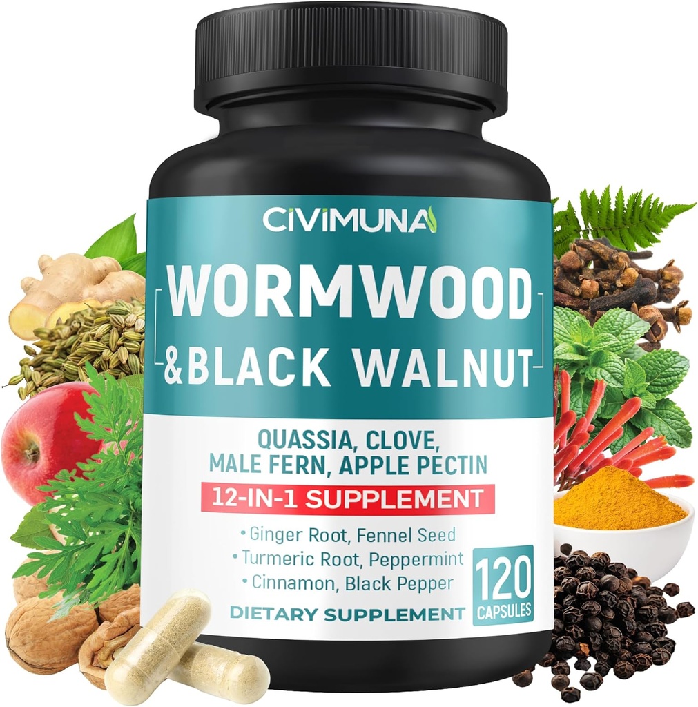Capsules d'extrait de wormwood -120 Capsules - 4 mois avec feuilles de noyer noir, Quassia