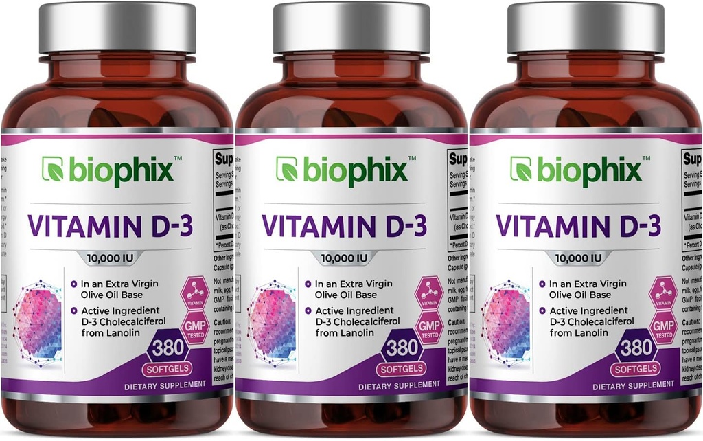 biophix Vitamine D-3 10000 UI 380 Softgels 3 Pack - Haute capacité en huile d'olive vierge extra non-OGM sans soja soutient la santé des os solides